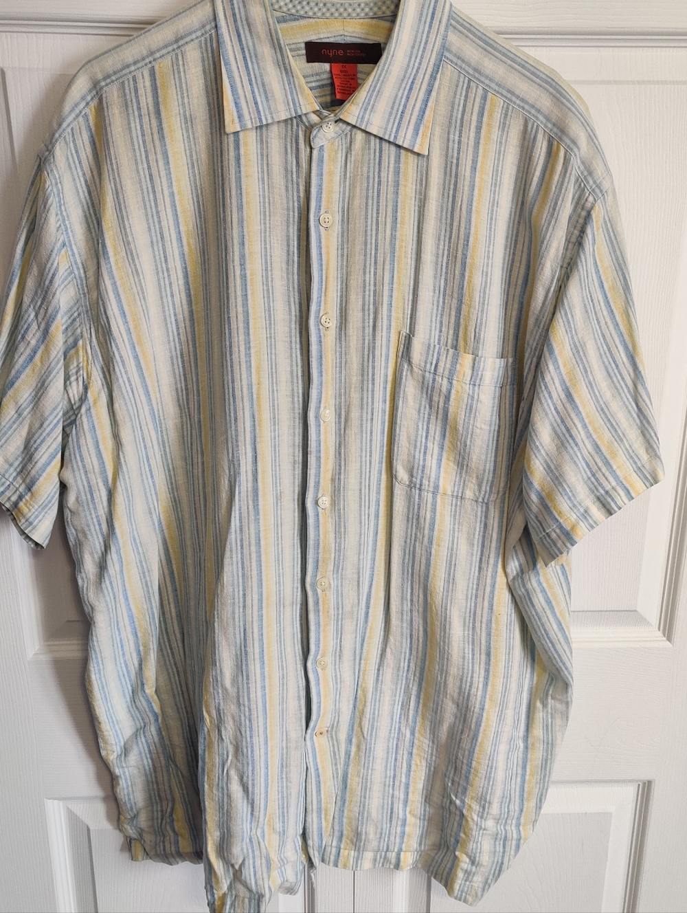 Nyne Men's 1X Big Button Down Shirt Light Blue Yellow Stripes Short Sleeve Tee